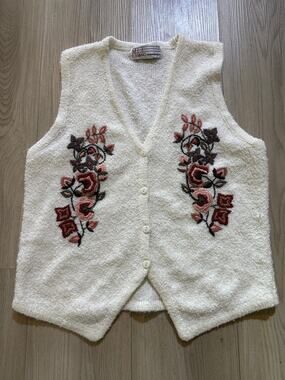 Vintage 90s Milano Design Group Embroidered Floral Sweater Vest Cream Medium